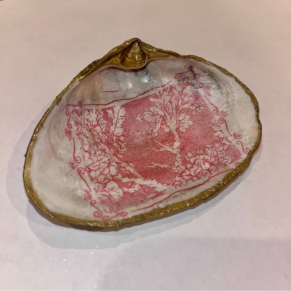 Shell Jewelry Dish with Pink Floral Design